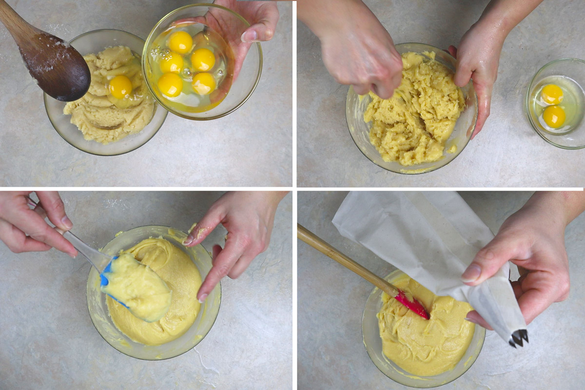 Transfer to a bowl. Add one egg at the time and work the dough until egg is absorbed.