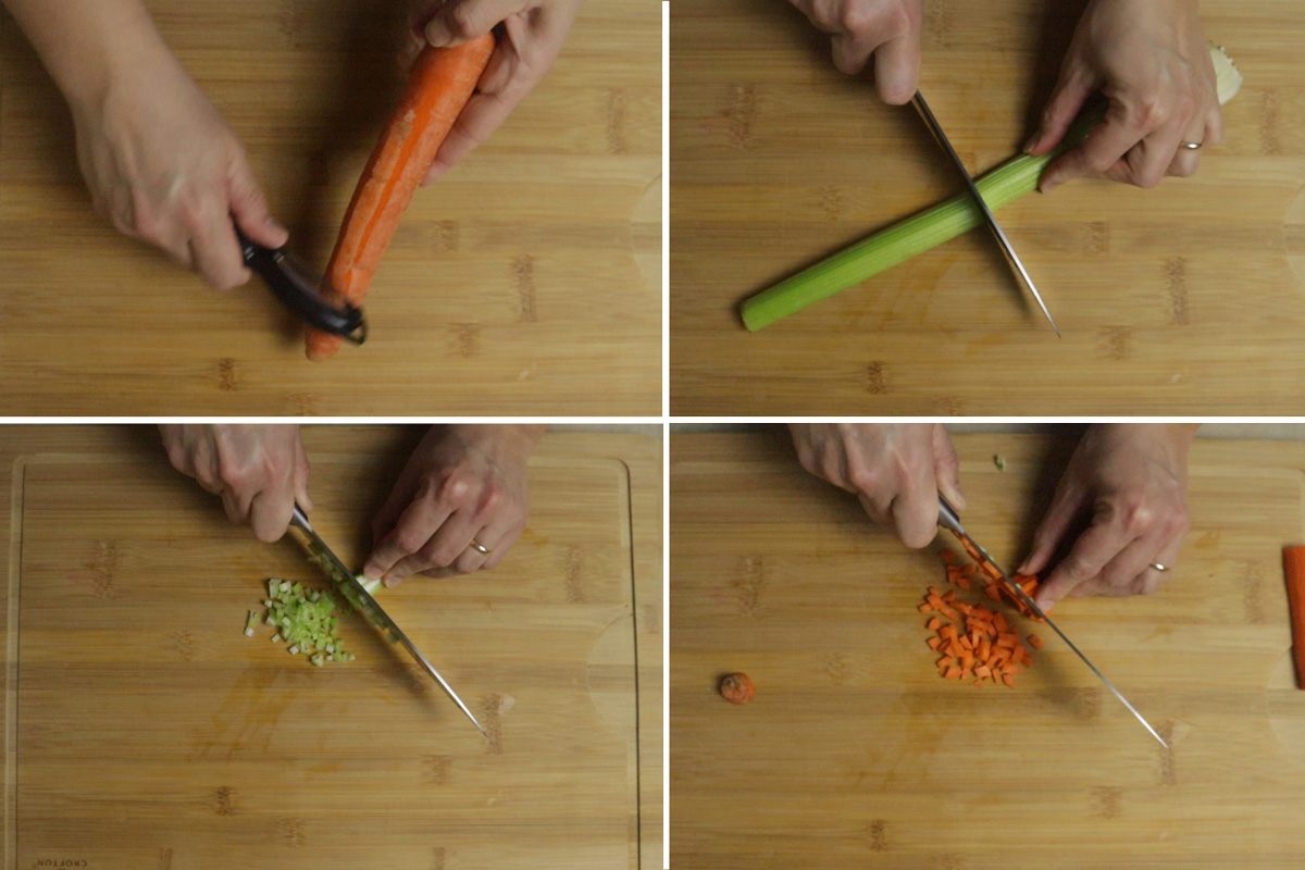 Chop carrots and celery on a cutting board. Dice them evenly.