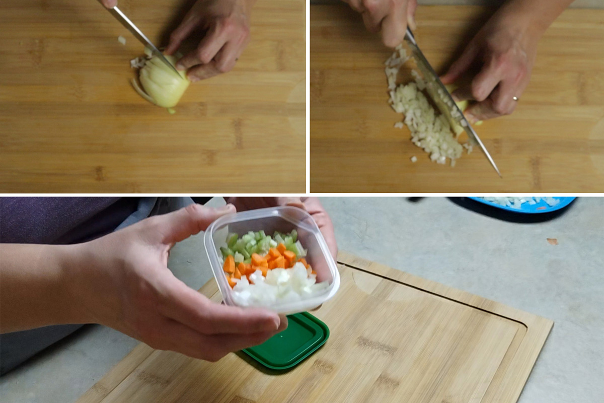 Chop the onions and portion the soffritto into small containers for storage in your freezer.