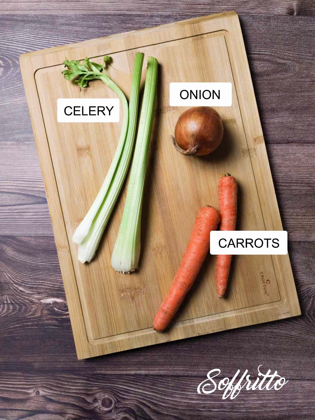 Italian soffritto ingredients on a wood board.