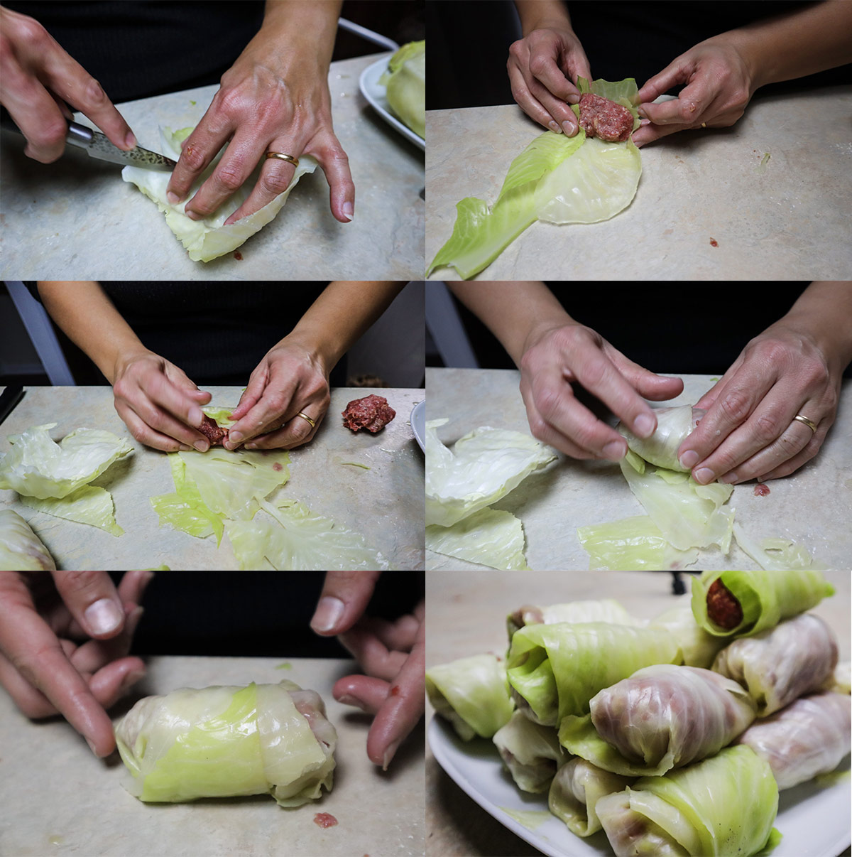 Step by step how to make the rolls. Prepare the leaf, add the meatball, roll the cabbage around the meatball, closing the meatball. Cabbage roll piled and ready on a white plate.