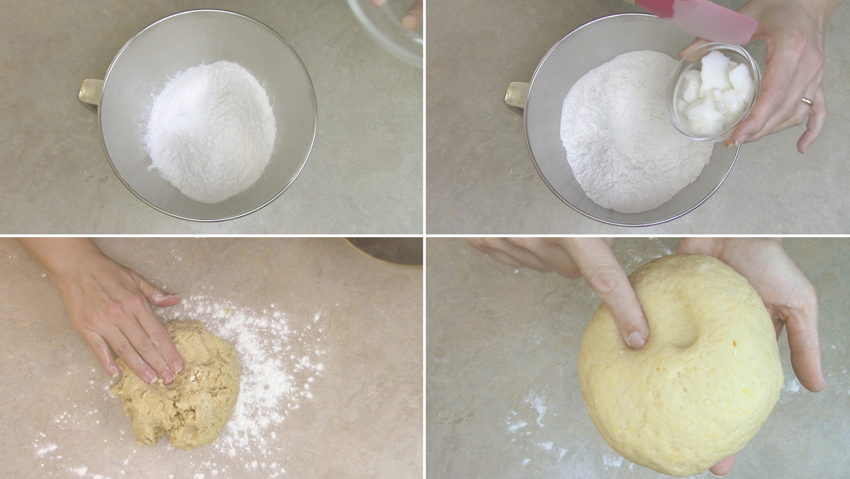 Inside my Italian Kitchen Easter cookies process shots. mixed ingredients, knead the cookie dough, complete the cookie dough and test.