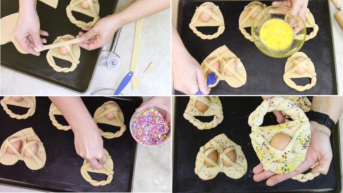 Inside my Italian Kitchen Process shot: place the eggs on the dough, brush with egg wash and decorate with sprinkles.