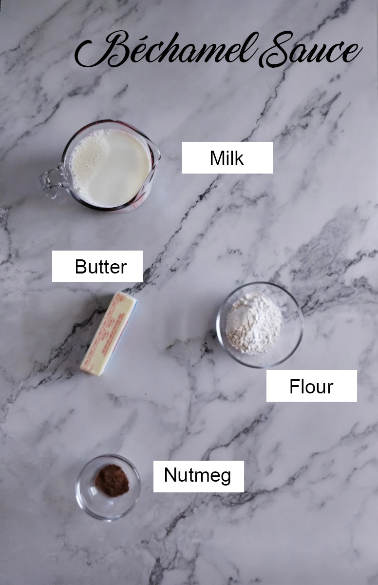Inside my Italian Kitchen Béchamel sauce, ingredients on a marble counter.