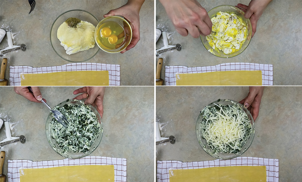 Inside my Italian Kitchen Mixing ricotta, eggs, Parmesan, Pecorino Romano, spinach, parsley, and nutmeg filling for spinach and ricotta cannelloni in a large bowl with a fork.
Mixing ricotta, eggs, Parmigiano Reggiano, Pecorino Romano, spinach, parsley, and nutmeg filling for spinach and ricotta cannelloni in a large bowl with a fork.