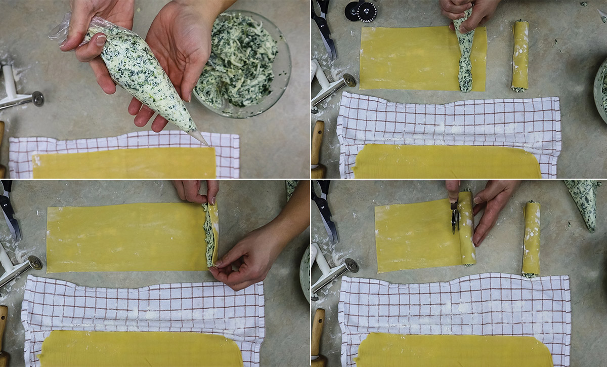 Inside my Italian Kitchen Piping ricotta and spinach filling onto a fresh lasagna sheet before rolling it into cannelloni on a wooden work surface.