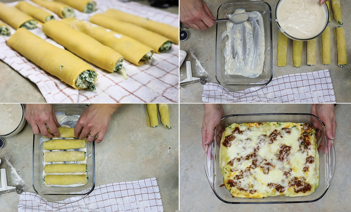 Inside my Italian Kitchen Spread a layer of creamy béchamel sauce, followed by a layer of meat sauce (ragù). Arrange the cannelloni on top of the ragù, placing them side by side.