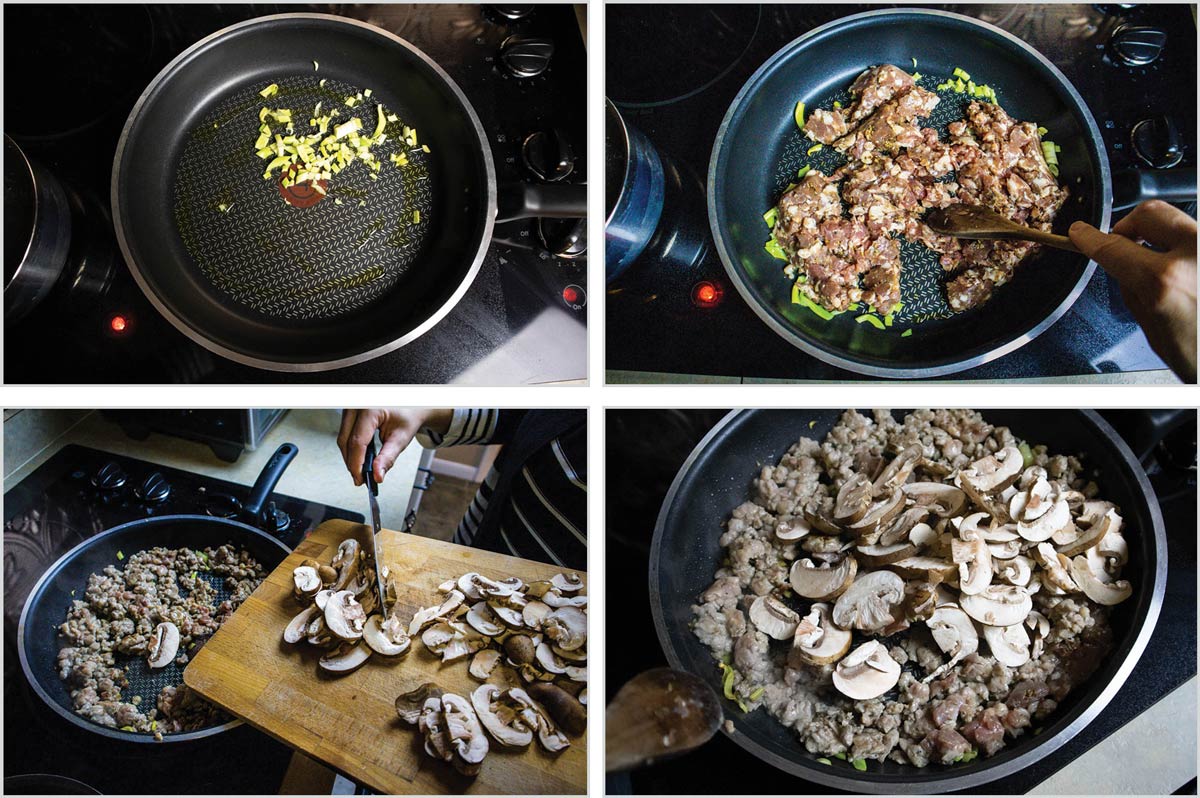 Cooking Italian Sausage and Mushrooms Step-by-step process of cooking shallot, Italian sausage, and mushrooms in a skillet.
