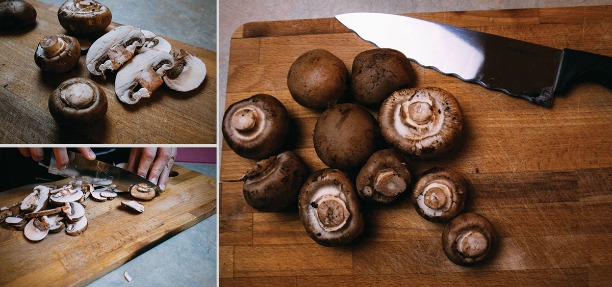 Fresh mushrooms being prepared and cleaned for creamy Italian sausage pasta. Clean sliced mushrooms ready to cook with Italian sausage.