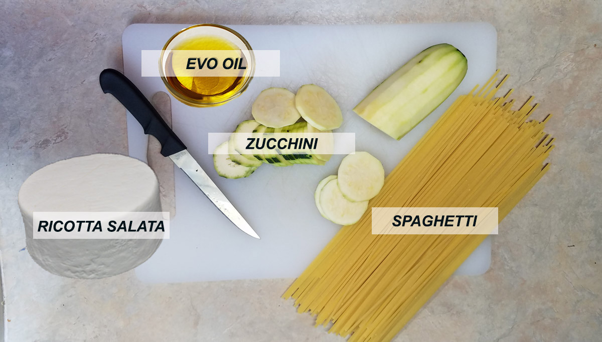 Ingredients for pasta with fried zucchini, including spaghetti, zucchini, olive oil, and ricotta salata.