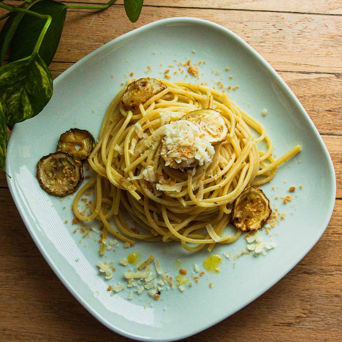 Pasta with fried zucchini and grated ricotta salata