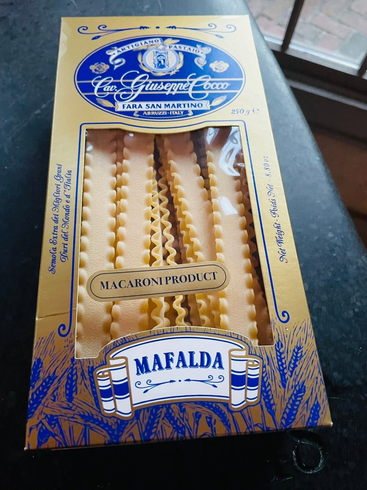 Italian brand Cav.Cocco pasta. Closeup of mafalde package.