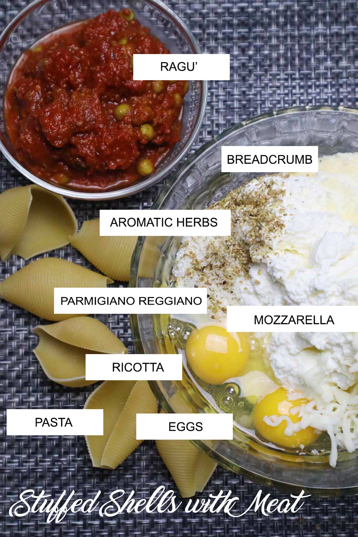 Ingredients for stuffed shells with meat and ricotta cheese, including jumbo pasta shells, ricotta, Parmigiano Reggiano, cooked ham, ground pork, ground veal, and tomato passata.